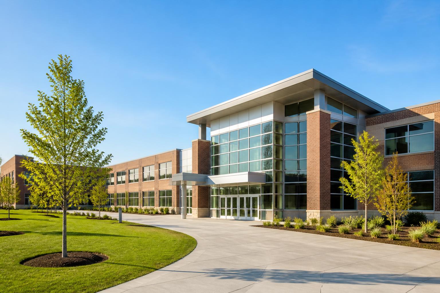 Modern school building exterior with brick and glass facade