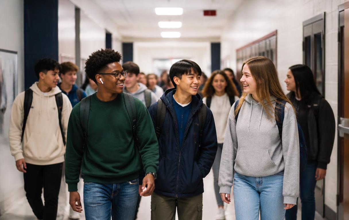 High school students walking together down a school hallway